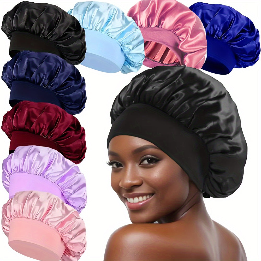 8-Pack Satin Bonnet Caps for Women - Elastic Wide Band, Reusable Hair Protection Sleep Caps for Curly and Natural Hair, Unscented Shower Caps